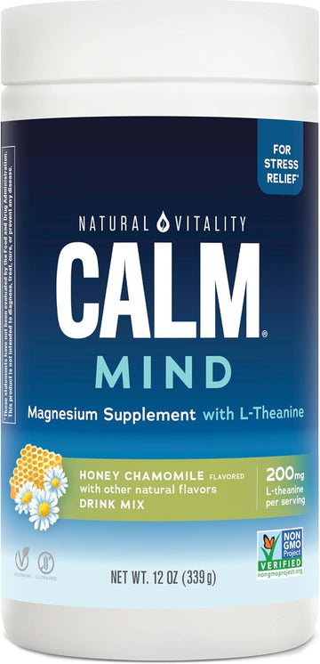 Natural Vitality Calm Mind, Magnesium Citrate + L-Theanine Powder, Supports A Healthy Response To Stress, Gluten Free & Vegetarian, Honey Chamomile, 12 Oz