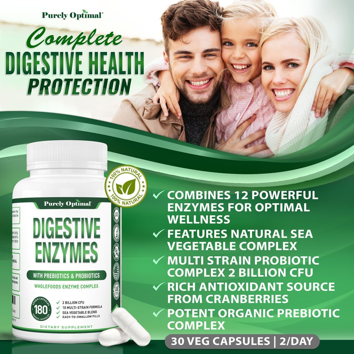 Purely Optimal Digestive Enzyme Supplement - Comprehensive Gut Health Support With 12 Enzymes, Probiotics & Prebiotics - Relief For Bloating, Gas & Digestive Discomfort - 180 Capsules : Health & Household
