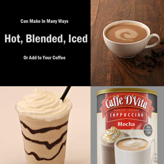 Caffe D’Vita Mocha Cappuccino Mix - Mocha Powder Mix, Instant Cappuccino Mix, Gluten Free, No Cholesterol, No Hydrogenated Oils, No Trans Fat, 99% Caffeine Free, Mocha Mix- 1 Lb Can