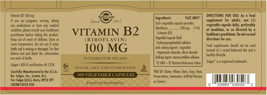 Solgar Vitamin B2 (Riboflavin) 100Mg, 100 Vegetable Capsules - Energy Metabolism, Healthy Nervous System - Non-Gmo, Vegan, Gluten Free, Dairy Free, Kosher, Halal - 100 Servings