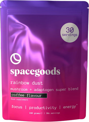 Spacegoods Rainbow Dust 240G | 30 Servings | Flavoured Mushroom Coffee | 120Mg Of Natural Caffeine | Lions Mane, Chaga, Ashwagandha & Vitamin B5| Sharper Focus, Energy & Calm | Coffee Caramel