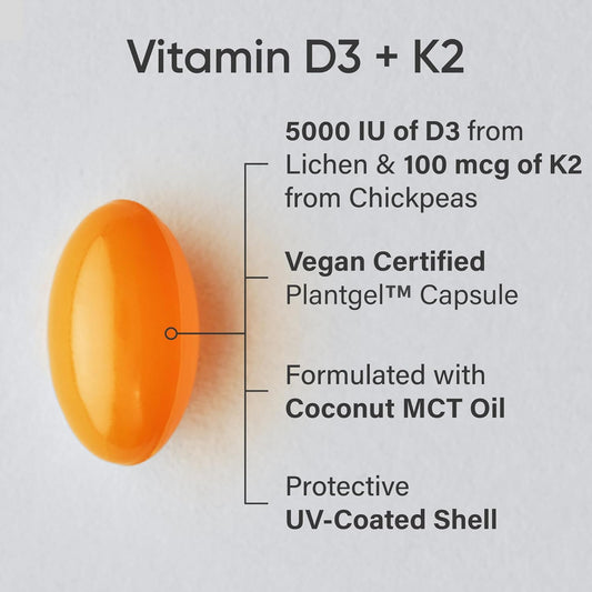 Sports Research Vitamin D3 K2 With Coconut Oil | Plant Based Vitamin K2 Mk7 + Vegan D3 5000Iu | Vegan Certified, Soy & Gluten Free - 60 Count Softgels