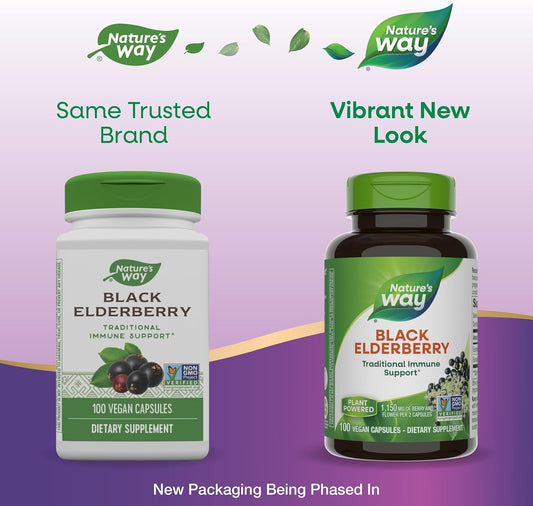 Nature'S Way Black Elderberry Supplement, Traditional Immune Support*, With Elderberry And Elderflower, Plant Powered, 100 Capsules (Packaging May Vary)