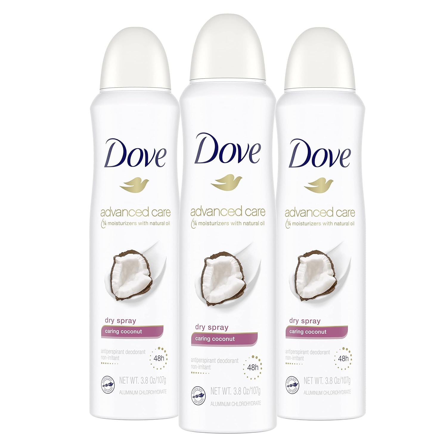 Dove Advanced Care Dry Spray Antiperspirant Deodorant Caring Coconut 3 Count For Women With 48 Hour Protection Soft And Comfortable Underarms 3.8 Oz