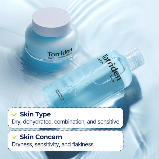 Torriden Dive-In Low-Molecular Hyaluronic Acid Toner, 10.14 Fl Oz + Soothing Cream 3.38 Fl Oz | Vegan Clean Cruelty Free Facial Ampoule Moisturizer Astringent Alcohol-Free Fragrance-Free