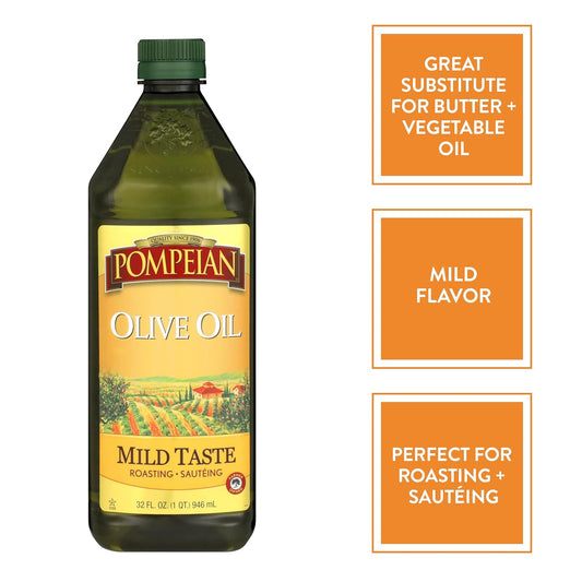 Pompeian Mild Taste Olive Oil, Perfect For Roasting & Sauteing, Naturally Gluten Free, Non-Allergenic, Non-Gmo, 32 Fl. Oz