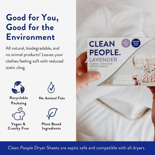 The Clean People Fabric Softener Sheets - Dryer Sheets - Softens & Removes Static - Vegan Laundry Softener With Essential Oils - Lavender, 160 Pack