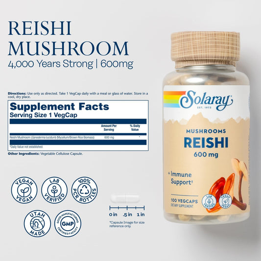 Solaray Reishi Mushroom 600Mg - Reishi Mushroom Capsules For Immune Support - Vegan, Lab Verified - 60-Day Money-Back Guarantee - 100 Servings, 100 Vegcaps