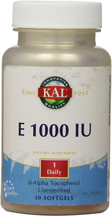 KAL E-1000 D-Alpha Tocopherol 1000 IU Softgels, 30 Count