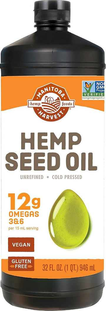 Manitoba Harvest Hemp Seed Oil – Cold Pressed, Premium Quality – 12G Of Omegas 3 & 6 Per Serving – Hydrate & Nourish Skin - Non Gmo, Vegan, Gluten Free – Great For Cooking, Salad Dressings - 32 Fl Oz