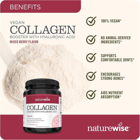 Naturewise Vegan Collagen Powder - Collagen Booster Formula For Healthy Hair, Skin, & Nails With Hyaluronic Acid, Vitamin C And E, Protein - Mixed Berry Flavor - Dairy-Free, Non-Gmo - 15 Servings