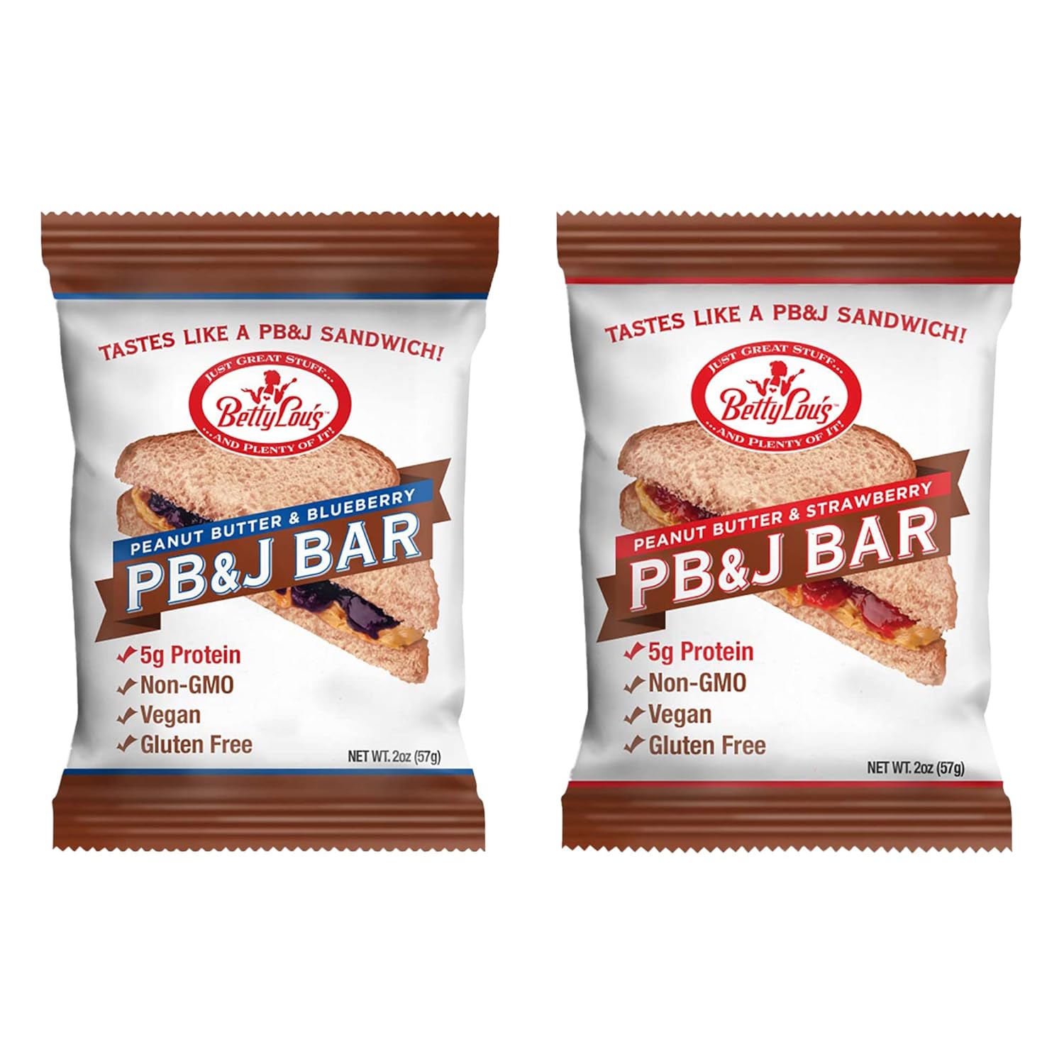 Betty Lou'S Pb&J Bars Bundle, Peanut Butter & Blueberry And Pb & Strawberry Flavored, Vegan & Gluten Free Energy Bars With 5G Protein Per Bar, Individually Wrapped, 24 Total