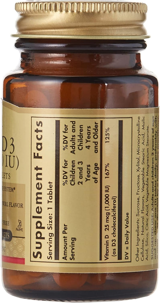 Solgar Vitamin D3 (Cholecalciferol) 25 Mcg (1000 Iu), Natural Strawberry Banana Swirl - 100 Chewable Tablets - Non-Gmo, Kosher - 100 Servings