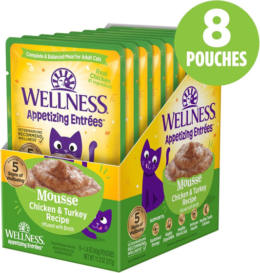 Wellness® Appetizing Entrées™ Mousse Chicken & Turkey Recipe Infused With Broth Natural Wet Cat Food, 1.4 Oz Pouch (Pack Of 8)