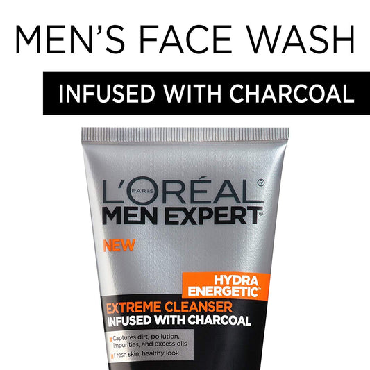 L'Oreal Men Expert Hydra Energetic Facial Cleanser With Charcoal For Daily Face Washing, Mens Face Wash, Beard And Skincare For Men, 5 Fl. Oz