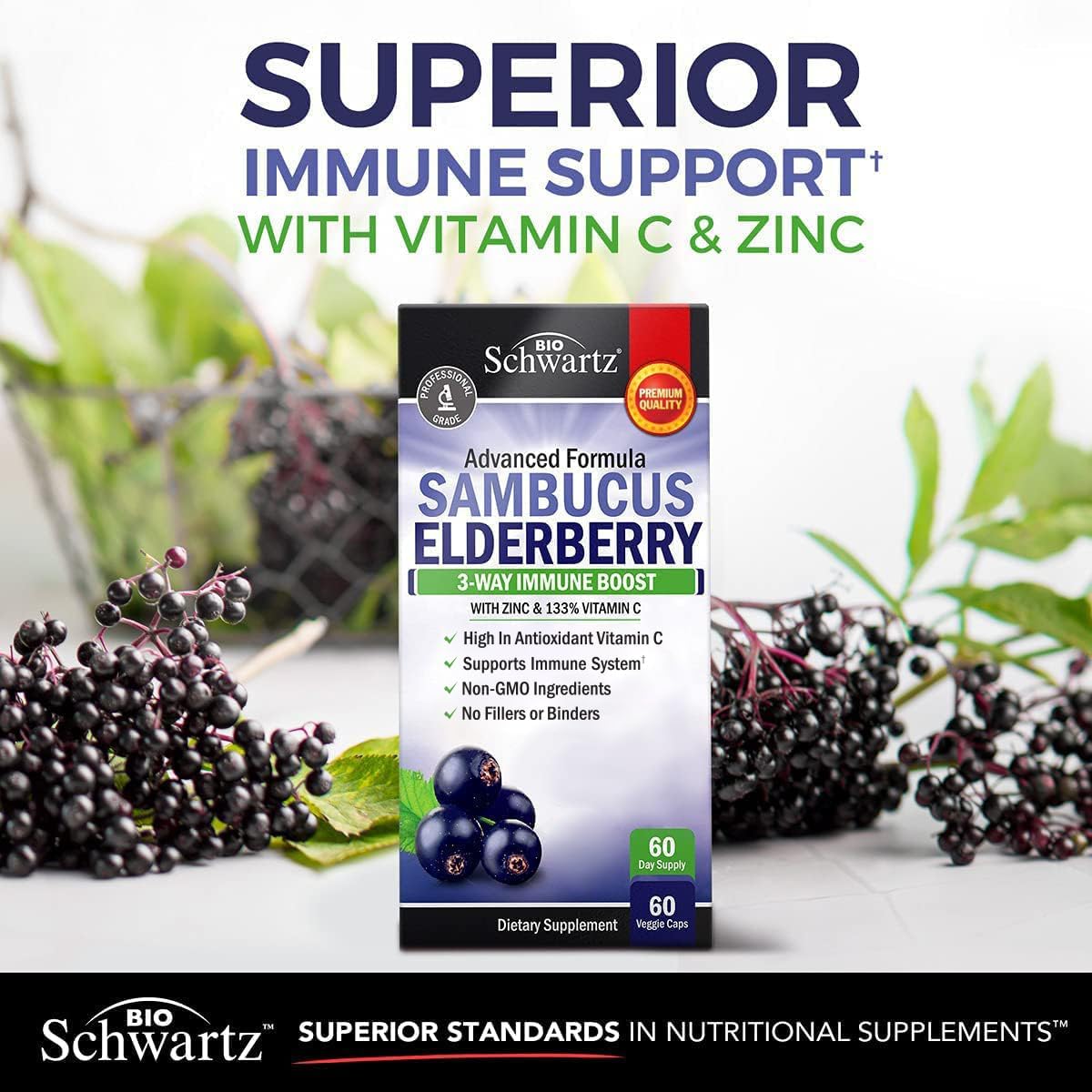 Elderberry Capsules With Zinc And Vitamin C For Adults - Immune Support Vitamins For Women And Men - Black Sambucus Elderberry Vitamin C And Zinc - Immune Defense Multiminerals Supplement, 60 Count : Health & Household