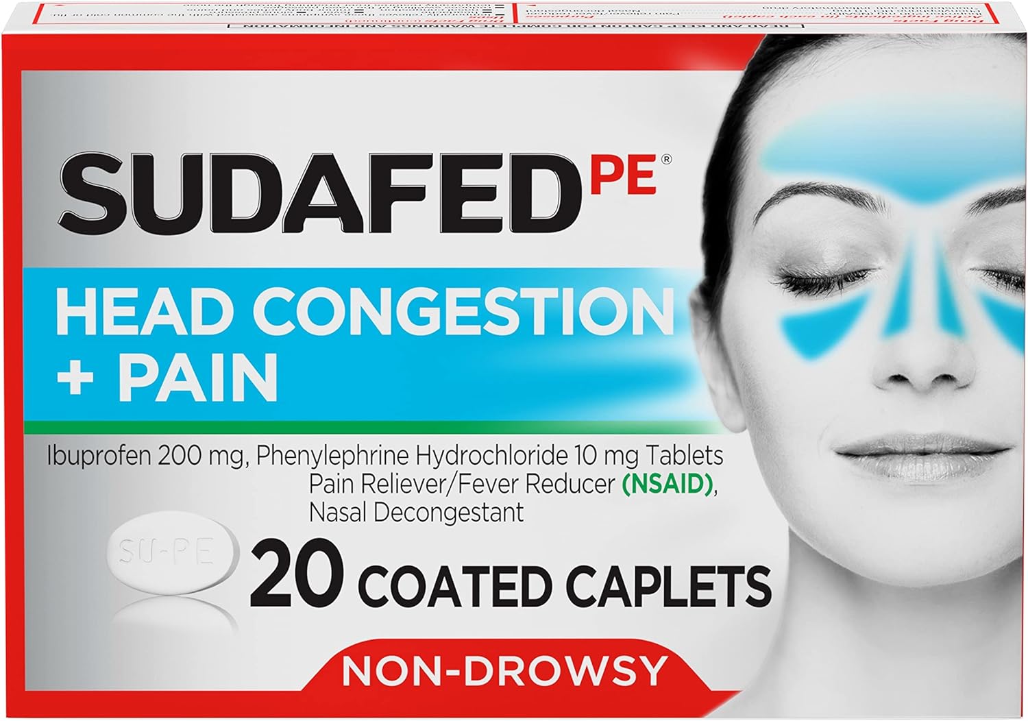 Sudafed PE Head Congestion + Pain Relief Caplets Ibuprofen Phenylephrine HCl, 20 Count