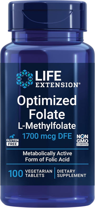 Life Extension Optimized Folate – L-Methylfolate – Heart & Brain Support, Healthy Homocysteine Levels – Non-Gmo, Gluten-Free, Vegetarian – 1700 Mcg Dfe, 100 Vegetarian Tablets