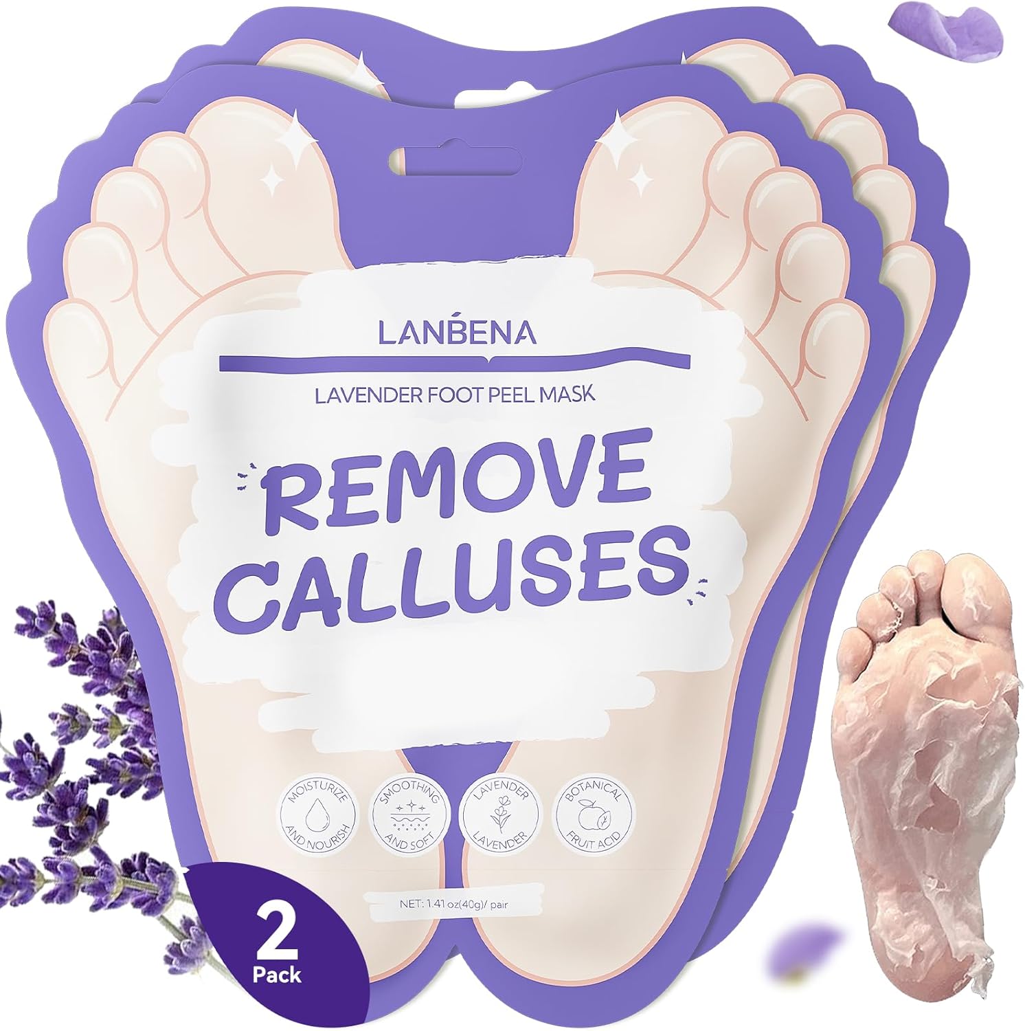 Lanbena Lavender Foot Peel Mask - Foot Peeling Mask For Removing Dry Dead Skin, Calluses & Repairing Rough Heels, For Baby Soft, Smooth Feet (Lavender-2 Pack)
