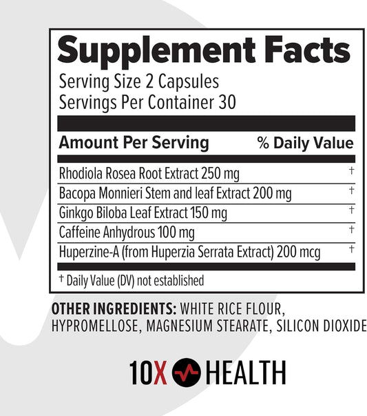 10X Health Focus Brain Supplements For Memory And Focus - Cognitive Supplement Boost Clarity, Alertness, And Energy With Huperzine-A, Ginkgo Biloba, And Rhodiola Rosea - 60 Capsules