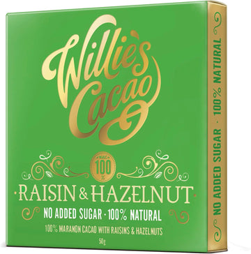 Willie'S Cacao - No Added Sugar Chocolate Bar - 100% Cacao With Hazelnut & Raisin - 50G X 12-100% Cacao Naturally Sweetened With Fruit And Nuts - Vegan Chocolate - Bean To Bar