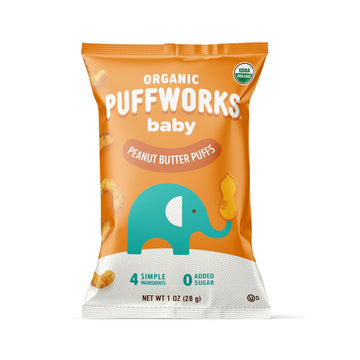 Puffworks Baby Organic Peanut Butter Puffs, Perfect for Early Peanut Introduction, Plant Protein, USDA Organic, Gluten-Free, Vegan, Non-GMO, Kosher, 1.0 Ounce (Pack of 6)