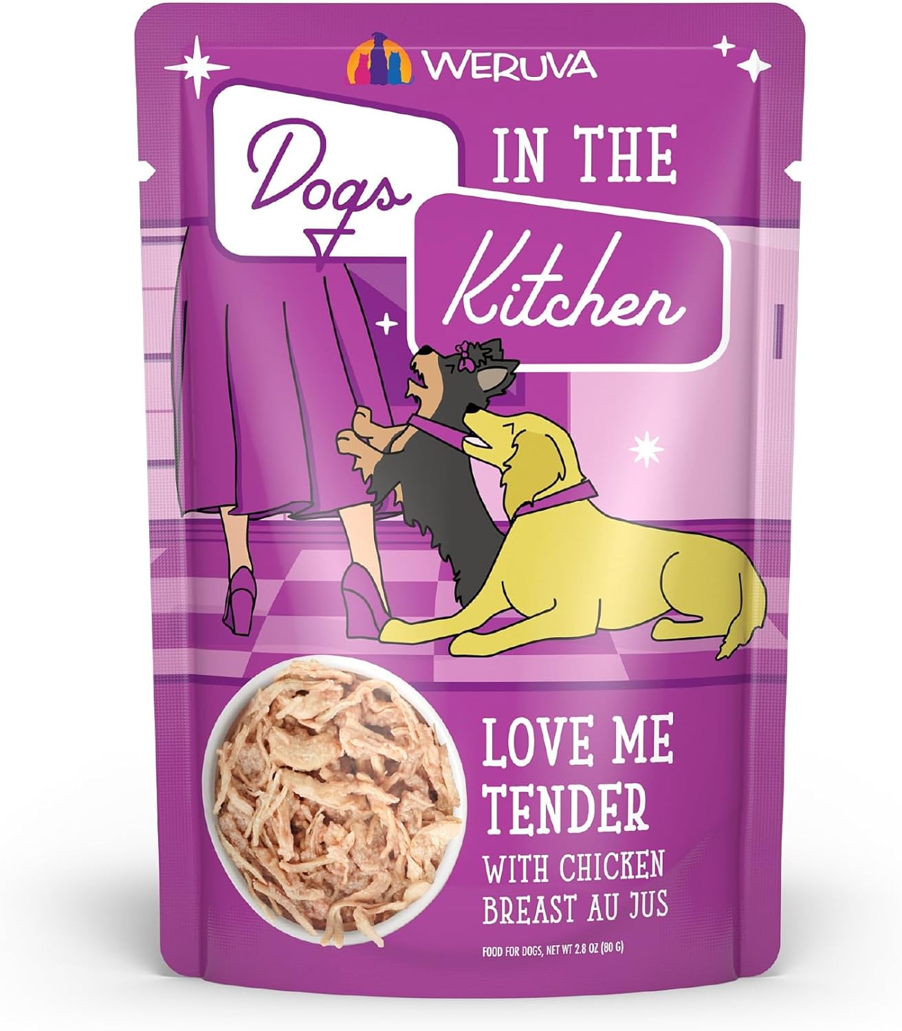 Weruva Dogs In The Kitchen, Love Me Tender With Chicken Breast Au Jus Dog Food, 2.8Oz Pouch (Pack Of 12), Purple