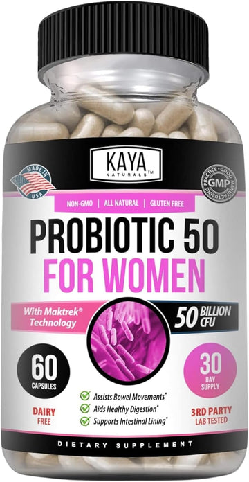 Kaya Naturals Probiotic 50 Billion Cfu | Probiotics For Women, Probiotics For Men And Adults, Natural | Gut Health & Immune Support Supplement | Provides Digestive Support - 60 Vegetable Capsules