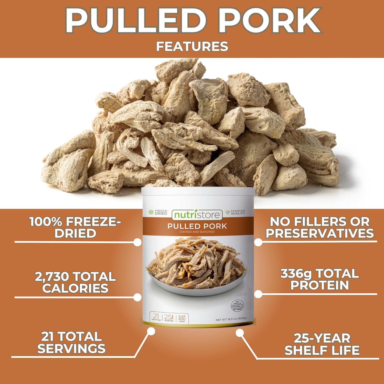 Nutristore Freeze Dried Pulled Pork | Pre-Cooked Shelf Stable Meat for Survival Emergency Food Supply, Meal Prep, and Backpacking/Camping | Made in USA | 25 Year Shelf Life | #10 Can, 18.5 oz : Grocery & Gourmet Food