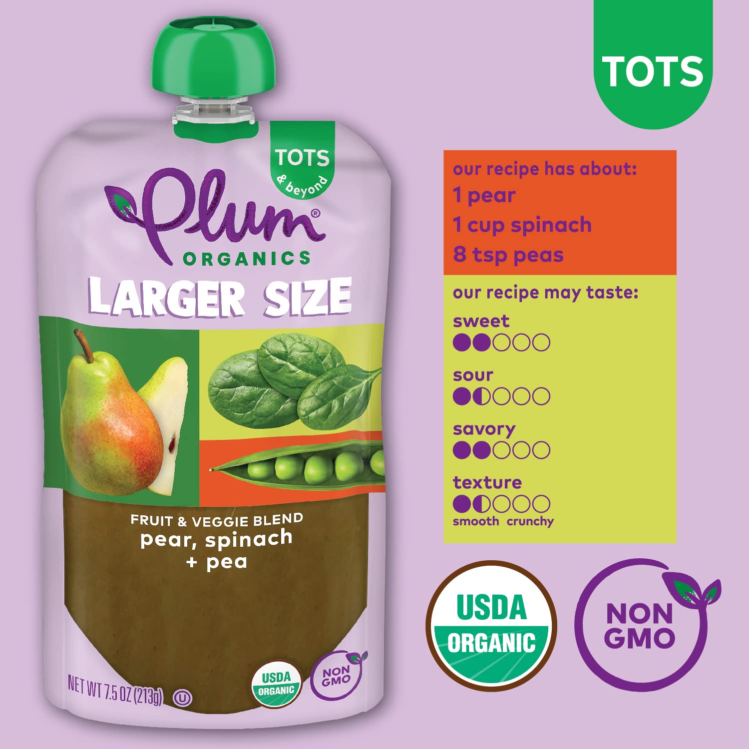 Plum Organics Tots & Beyond Pear Spinach & Pea Fruit & Veggie Blend, Kosher, USDA Certified Organic, Non-GMO, 7.5 Ounce (Pack of 6) : Everything Else