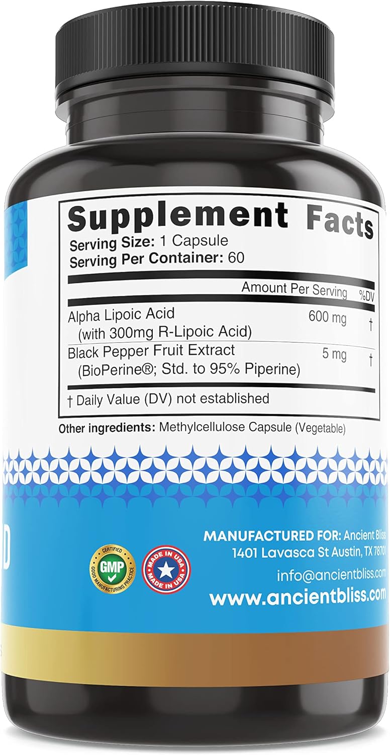 Ancient Bliss Alpha Lipoic Acid Supplement, Antioxidant And Energy Support, Ala Supplement With Bioperine, No Gluten And Soy, 600Mg Per Serving, 60 Vegan Capsules : Health & Household