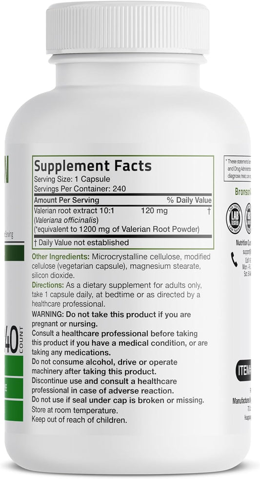 Bronson Valerian Root Capsules - Valerian Officinalis - Promotes Relaxation - Non-Gmo, Soy-Free Gluten-Free, 240 Vegetarian Capsules