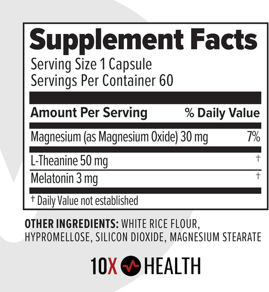 10X Health Sleep Supplement For Adults - 3Mg Melatonin, L-Theanine & Magnesium Supplement For Deep Rest, Relaxation & Longer Sleep - Non-Habit Forming, 3-In-1 Natural Sleep Support - 60 Capsules