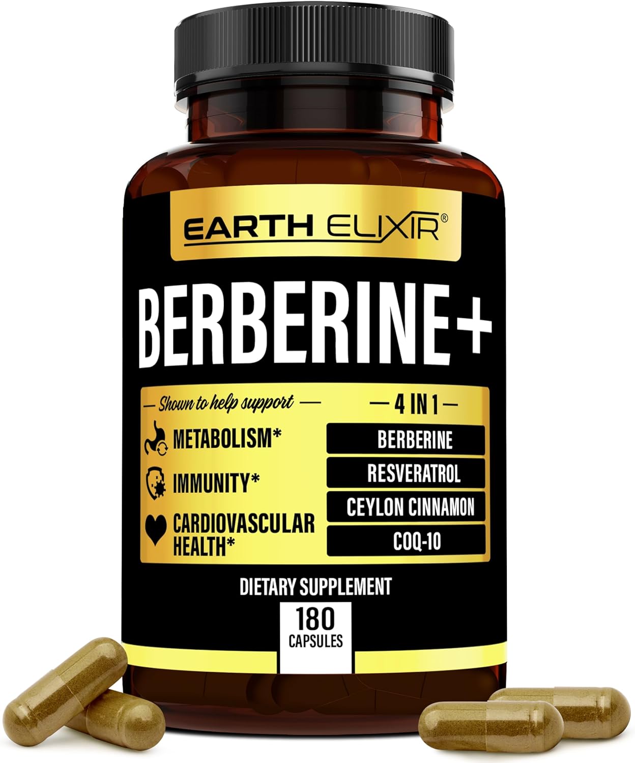 4-In-1 Berberine Supplement 1200Mg (180 Caps) W/ 200Mg Coq10, 400Mg Resveratrol & 150Mg Of Ceylon Cinnamon –3Rd Party Tested– Berberine W/Ceylon Cinnamon Supplements –Max Purity– Co Q 10