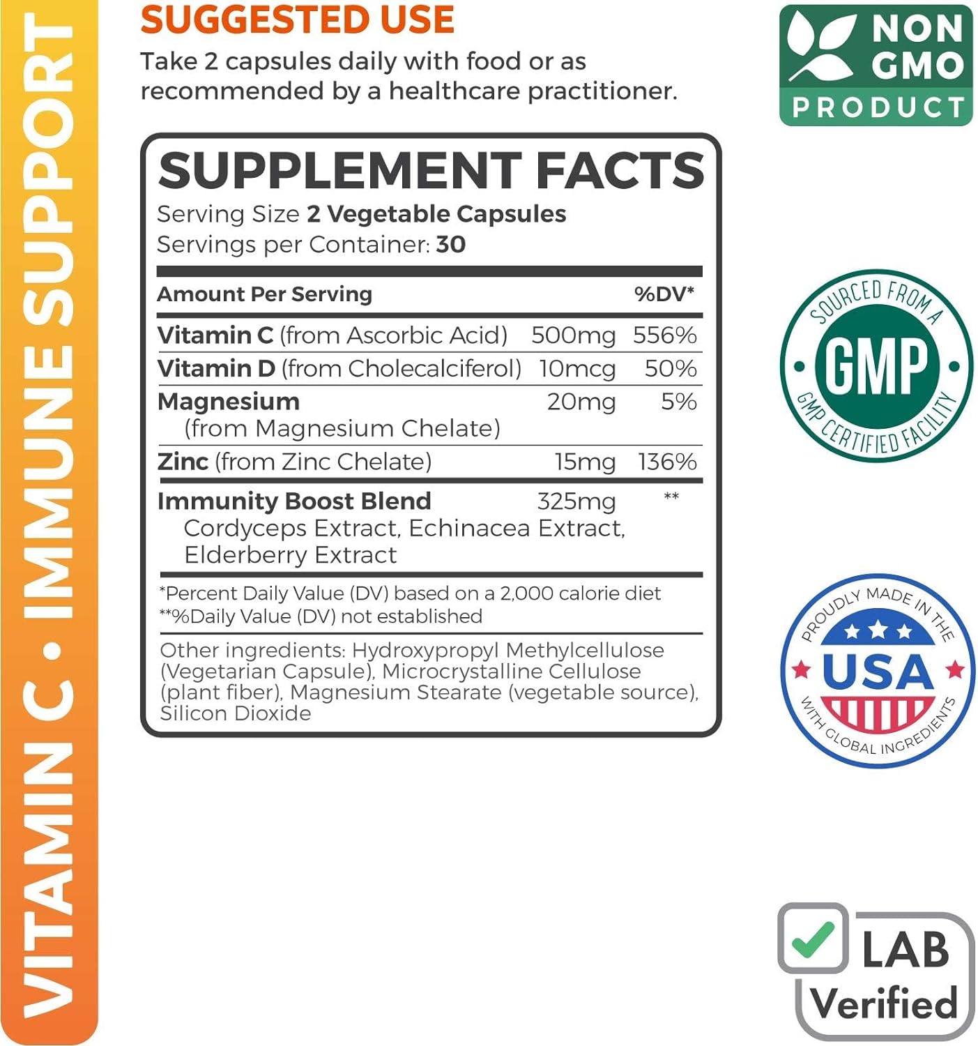Immune Support Supplement (Non-GMO) Elderberry Vitamin C and Zinc, Vitamin D, Magnesium, Echinacea, Cordyceps - VIT C 500mg Immune System Booster - 60 Vegetarian Capsules (No Pills, Tablets, Gummies) : Health & Household