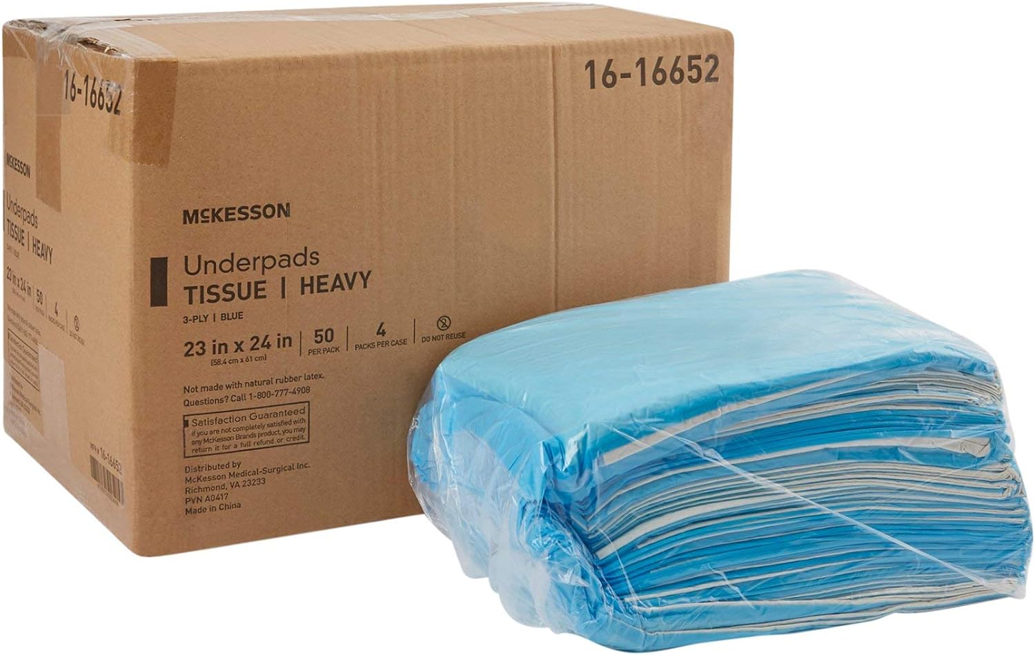 McKesson Underpads, Tissue, Heavy, 3-Ply, Blue, 23 in x 24 in, 200 Count