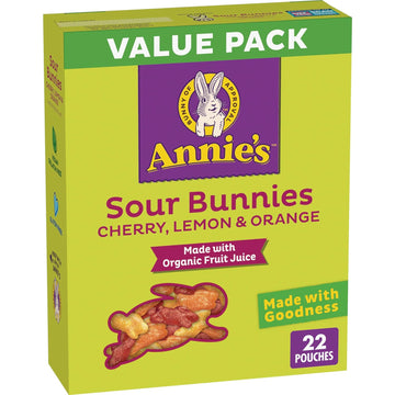 Annie'S Sour Bunnies Fruit Flavored Snacks, Cherry, Lemon & Orange Flavors, Made With Organic Fruit Juice, Value Pack, 15.4 Oz