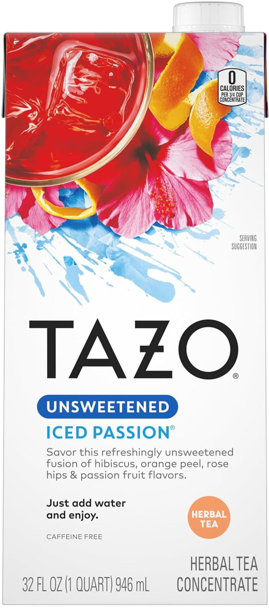 TAZO Unsweetened Iced Passion Herbal Tea Concentrate, 32 fl oz (Pack of 2) with By The Cup Coasters