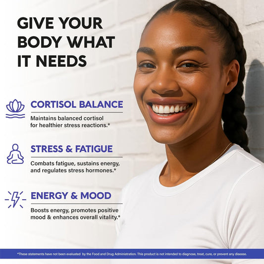 Cortisol Supplement For Women - Holy Basil | Ashwagandha | Rhodiola | L-Theanine - Plant-Based Hormone Balance - Mood, Focus & Sleep Support - Made In Usa - Vegan, Non-Gmo - 60 Capsules For 2 Months