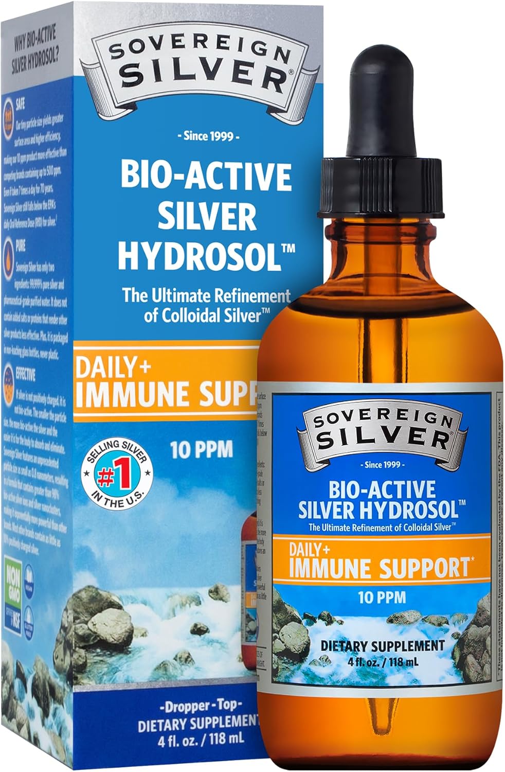 Sovereign Silver Immune Support - Colloidal Silver Mineral Supplement – Liquid Bio-Active Silver Hydrosol - 10Ppm - 4Oz (118Ml) Dropper