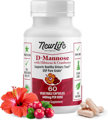 Newlife Naturals D-Mannose Capsules | W/Cranberry And Hibiscus Extracts | Natural Urinary Tract Health Supplement | 1400Mg Pure Veggie Powder | 60 Veggie Capsules