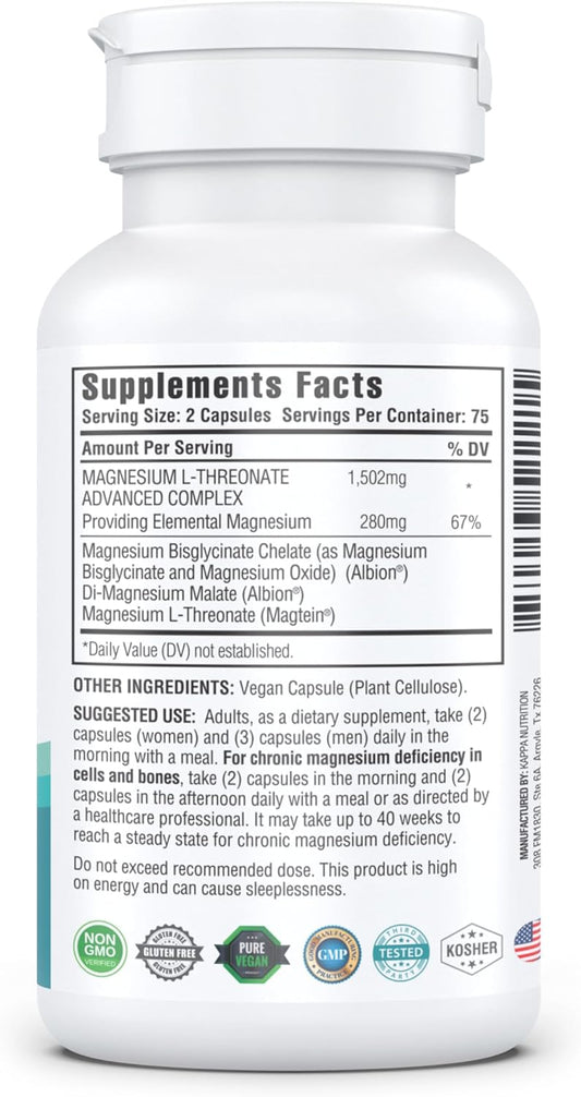 (150 Capsules), 2,253mg Per Serving, Providing 420mg Elemental Magnesium, L-Threonate, Bisglycinate Chelate, Malate, for Brain, Sleep, Stress, Cramps, Headaches, Energy, Heart from Kappa Nutrition