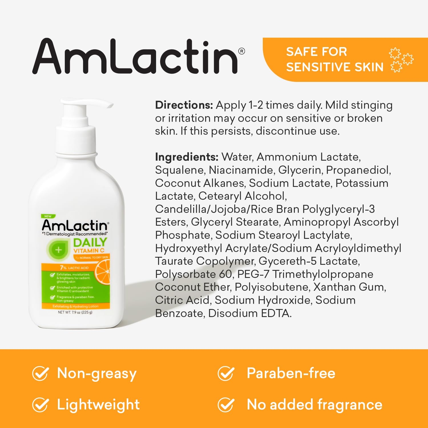 AmLactin Daily Vitamin C Lotion - 7.9 oz Body Lotion with 7% Lactic Acid - Skin-Brightening Exfoliator and Moisturizer for Dry Skin : Health & Household