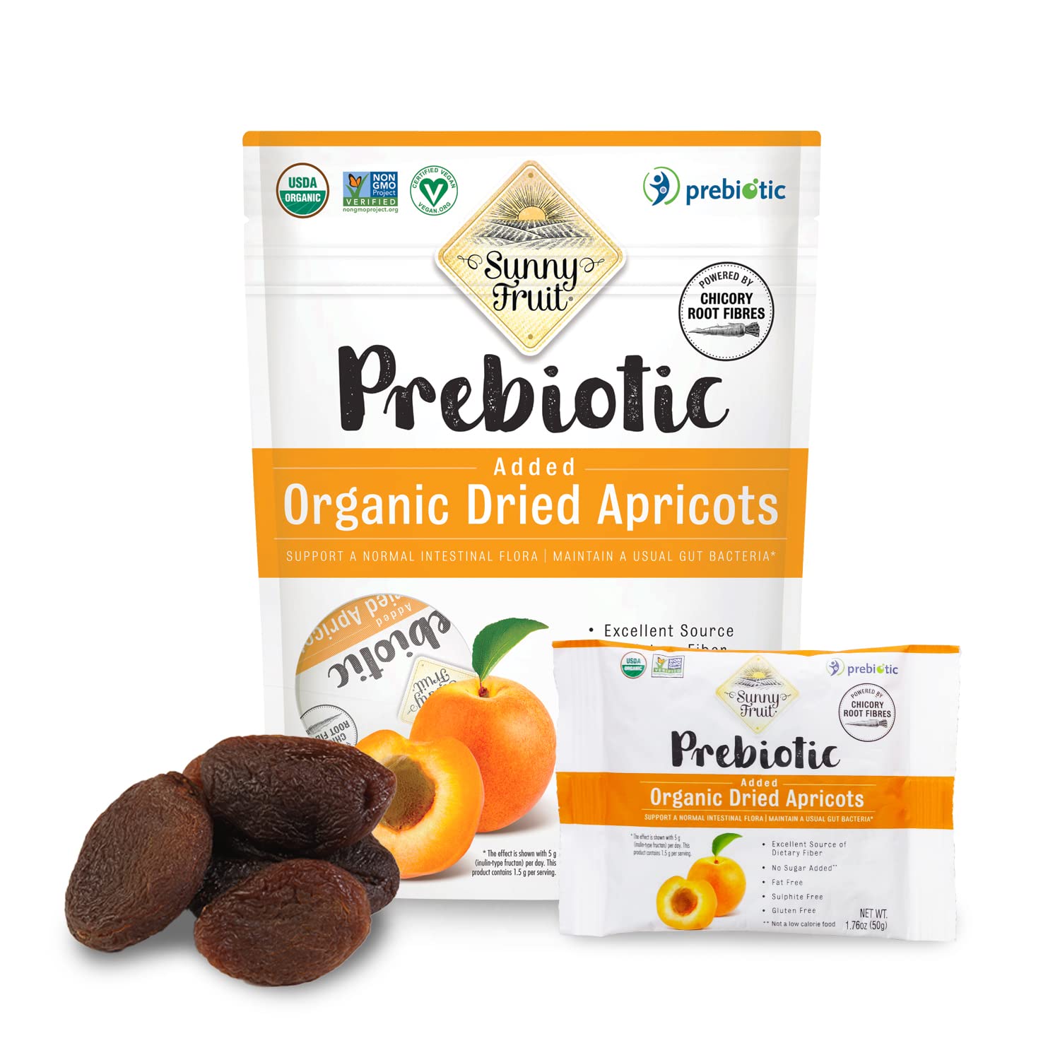 Sunny Fruit Organic Prebiotic Apricots - 1 Bag (5 Individual Portion Packs) | Convenient Snack Packs With Prebiotic Fiber | Organic, Non-Gmo, Vegan, Kosher, Halal, No Preservatives, No Sugar Added