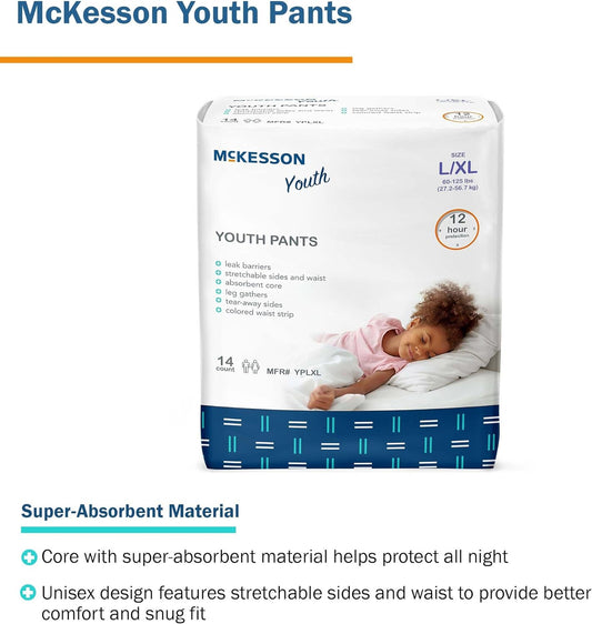 McKesson Youth Pants, Overnight Pediatric Pants for Boys or Girls, Disposable Training Pant, 12 Hour Protection - Size Large/XL, 60-120 lbs, 14 Count, 4 Packs, 56 Total