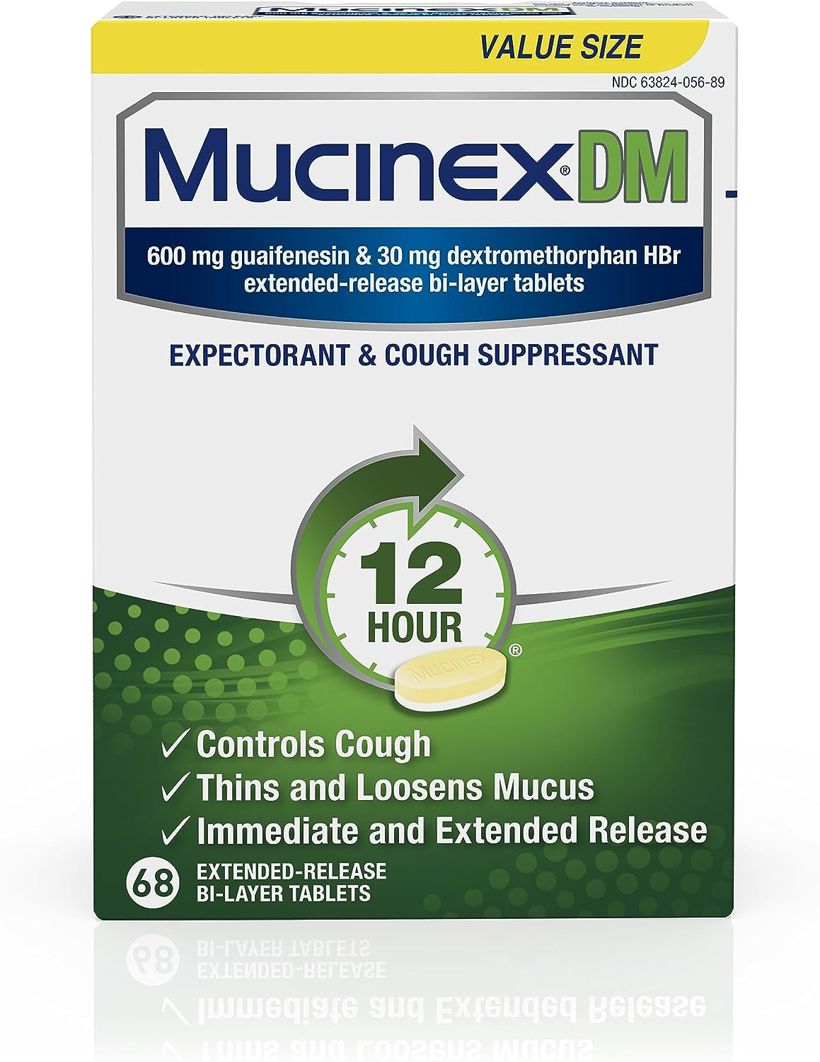 Mucinex DM 12 hour Cough and Chest Congestion Medicine -Expectorant and Cough Suppressant tablets(Lasts 12 hours/Powerful Symptom Relief/Extended-Release Bi-layer), White, 68 Count (Pack of 1)