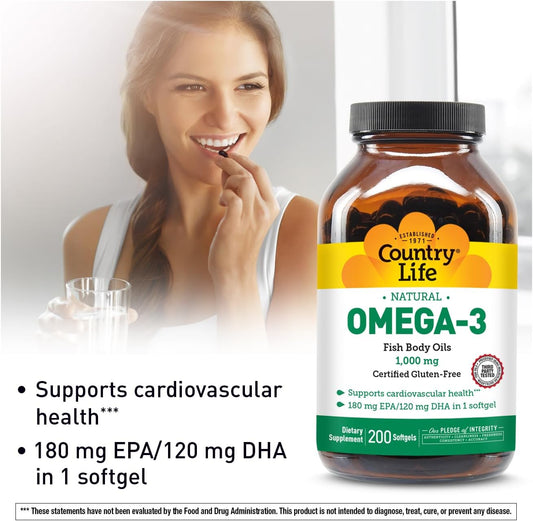 Country Life Omega-3 Fish Oil Supplement, 10000Mg,180Mg Epa & 120Mg Dha, Fish Oil Concentrate, Burpless, 50 Softgels, Certified Gluten Free