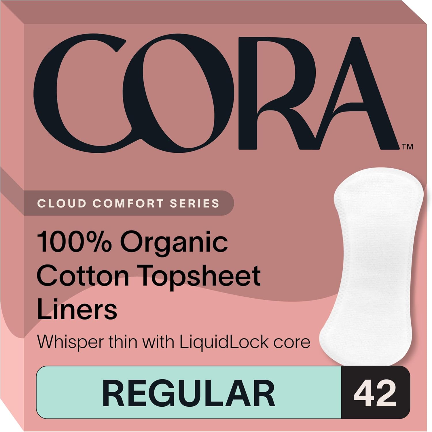 Cora Period Regular Liners | 100% Organic Cotton Topsheet | Ultra Thin, Quick Absorbency | Hypoallergenic | Dermatologically Tested | Unscented, No Wings (42 Liners)