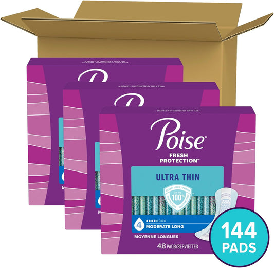 Poise Ultra Thin Incontinence Pads & Postpartum Incontinence Pads, 4 Drop Moderate Absorbency, Long Length, 144 Count (3 Packs of 48), Packaging May Vary