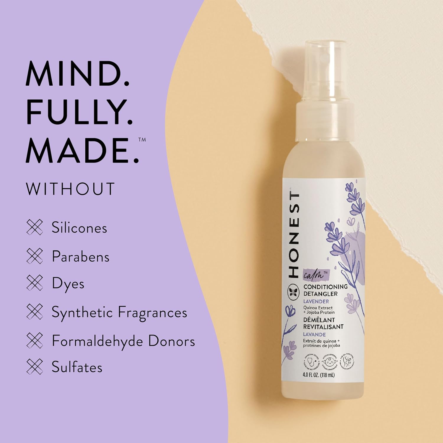 The Honest Company Conditioning Hair Detangler | Leave-In Conditioner + Fortifying Spray | Tear-Free, Cruelty-Free, Hypoallergenic | Lavender Calm, 4 Fl Oz : Beauty & Personal Care